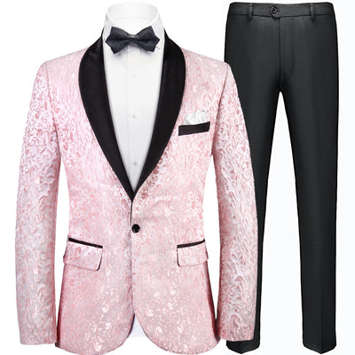 Blush Pink Floral Jacquard Tuxedo with Black Lapel (2-Piece)