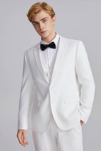 Men's 3-Piece Two Button Solid White Wedding Suit