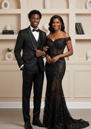 Men's 3-Piece Black Rose Embroidery Shawl Lapel Wedding Tuxedo