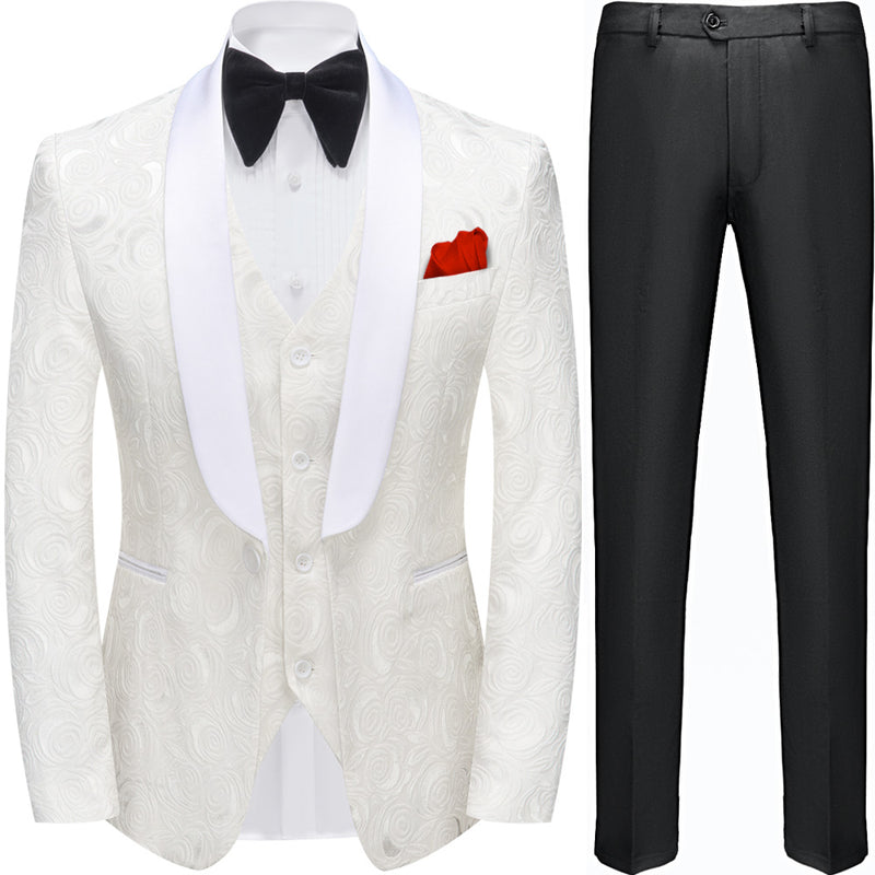 Men's White Rose Embroidery Wedding Suit Jacket and Vest