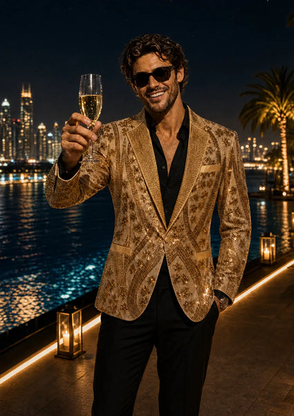 gold tuxedo dress Men's Sequin Six-pointed Star Golden Luxury style_group:Kira Satin Dress