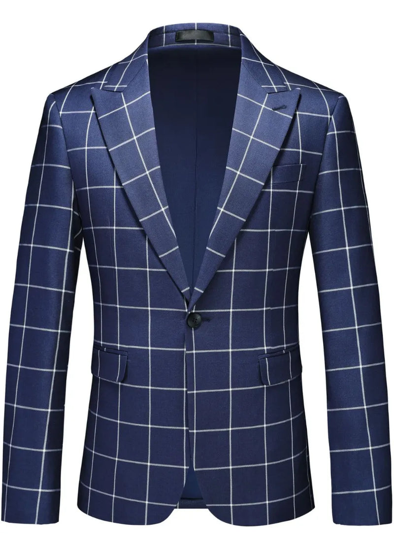 Men’s Slim Fit Navy Plaid One Button Casual Blazer