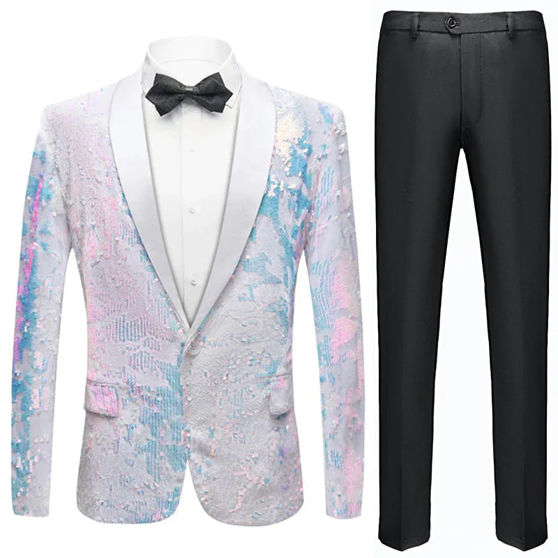 Men's Slim Fit Tuxedo Jacket Embroidery Sequin Jacket White