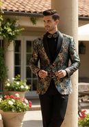 Smoking homme en jacquard botanique à revers pointu bleu sarcelle foncé