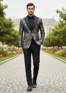 Smoking homme en jacquard botanique à revers pointu bleu sarcelle foncé