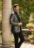 Smoking homme en jacquard botanique à revers pointu bleu sarcelle foncé