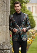 Men’s Dark Teal Botanical Jacquard Peak Lapel Tuxedo