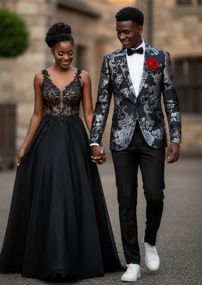 Men's 2-Piece Fashion Silver Peony Jacquard Black Tuxedo