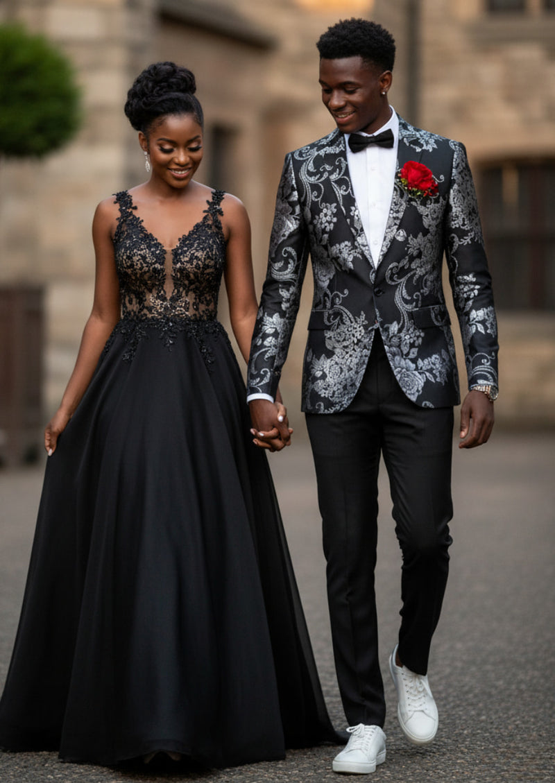 Men's 2-Piece Fashion Silver Peony Jacquard Black Tuxedo Men's 2-Piece Fashion Silver Peony Jacquard Black Tuxedo