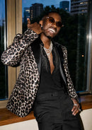 Men's Peak Lapel Leopard Print Peak Lapel Black Blazer