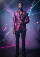 Men’s Black Tuxedo Jacket with Magenta Plume Jacquard