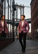 Traje a cuadros morado y negro de corte entallado para hombre