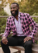 Traje a cuadros morado y negro de corte entallado para hombre