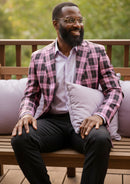 Traje a cuadros morado y negro de corte entallado para hombre