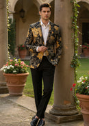 Chaqueta negra con estampado floral amarillo y jacquard para hombre