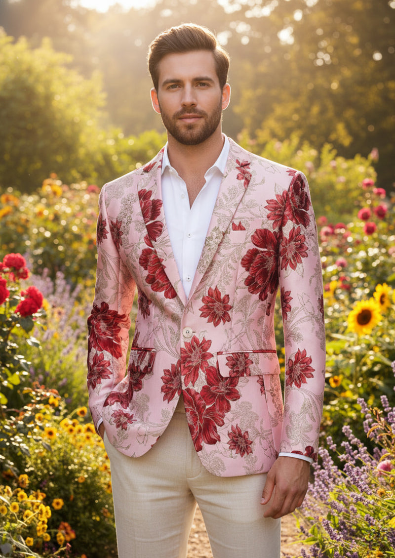 mens designer dress jackets Men's Stylish Red Floral Jacquard Pink Jacket Color:Prussian blue flowers Women Winter Hat Couture Club by Rosa Karl lagerfeld Notch Lapel
