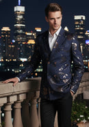 Men’s Navy Double-Breasted Blazer with Gold & Silver Floral