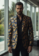 Men’s Black One-Button Blazer with Gold Floral Jacquard