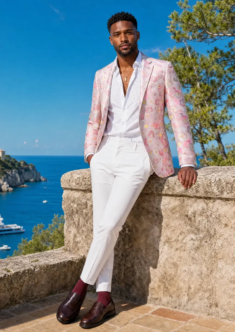 Men's Pink One-Button Blazer with Yellow Floral Jacquard
