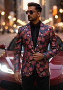 Blazer negro de un botón con estampado floral rojo de jacquard para hombre