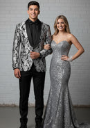 Esmoquin negro de dos piezas con solapa chal y jacquard plateado para hombre