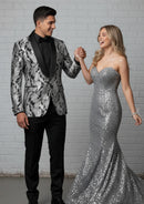 Esmoquin negro de dos piezas con solapa chal y jacquard plateado para hombre