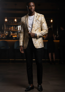 Blazer ajustado de jacquard floral con detalles dorados para hombre, color champán
