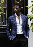 Men’s Navy Plaid One-Button Slim Fit Blazer