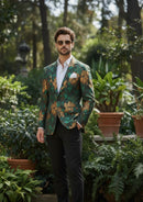 Men’s Green Tuxedo Jacket with Yellow Floral Vine Pattern