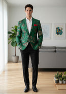 Men’s Green Floral Jacquard One-Button Slim Fit Blazer