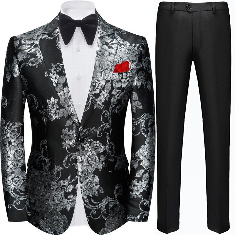 Men's Fashion Silver Peony Jacquard Black Blazer