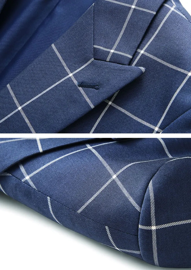 Men’s Slim Fit Navy Plaid One Button Casual Blazer