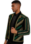 Veste de smoking brodée à motifs géométriques verts et dorés pour homme