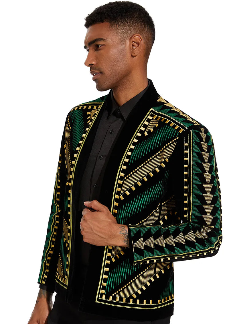 Chaqueta de esmoquin con estampado geométrico verde y dorado bordado para hombre