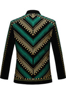 Veste de smoking brodée à motifs géométriques verts et dorés pour homme