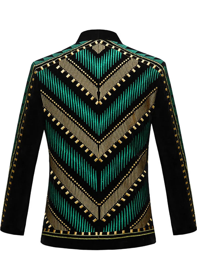 Chaqueta de esmoquin con estampado geométrico verde y dorado bordado para hombre