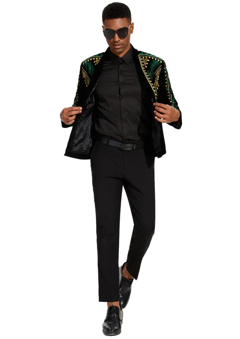 Chaqueta de esmoquin con estampado geométrico verde y dorado bordado para hombre