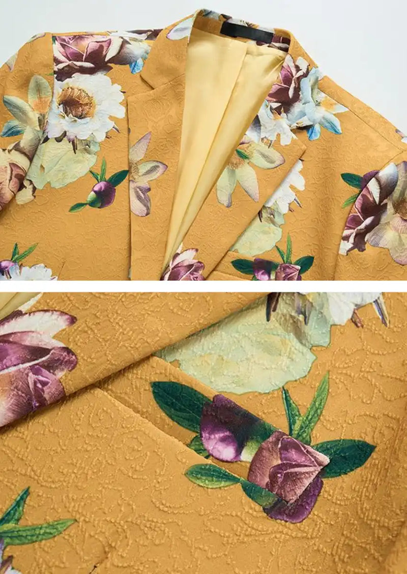 Chaqueta de esmoquin amarilla con bordado floral para hombre