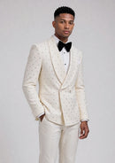 Slim Fit Micro-Textured Ivory White Crystal Double-Breasted Suit (2-Piece)