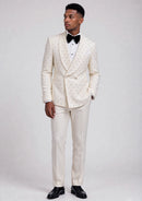 Slim Fit Micro-Textured Ivory White Crystal Double-Breasted Suit (2-Piece)