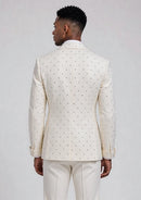 Slim Fit Micro-Textured Ivory White Crystal Double-Breasted Suit (2-Piece)