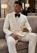 Slim Fit Micro-Textured Ivory White Crystal Double-Breasted Suit (2-Piece)
