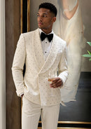 Slim Fit Micro-Textured Ivory White Crystal Double-Breasted Suit (2-Piece)