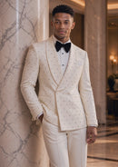 Slim Fit Micro-Textured Ivory White Crystal Double-Breasted Suit (2-Piece)