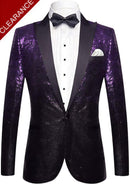 Purple sequin tuxedo with black lapels