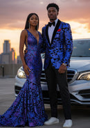 Men's Sparkle Floral Blue Sequin Jacket