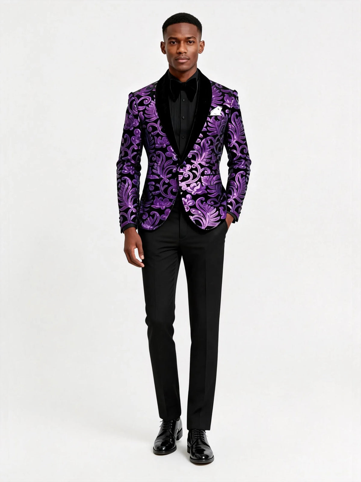 Men's Sequin Floral Embroidery Shawl Collar Tuxedo in Purple