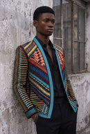 Men's Embroidered Geometric Pattern Blue and Gold Tuxedo
