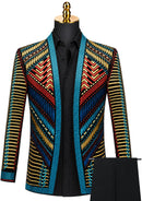 Men's Embroidered Geometric Pattern Blue and Gold Tuxedo