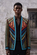 Men's Embroidered Geometric Pattern Blue and Gold Tuxedo